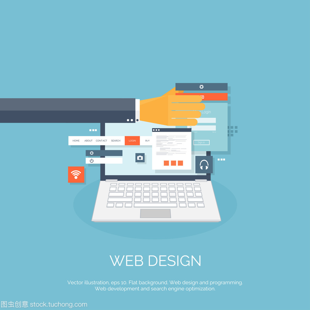 矢量圖。網頁設計。平的計算背景。編程和編碼。Web 開發和搜索。搜索引擎的優化。創新和技術。移動應用程序
